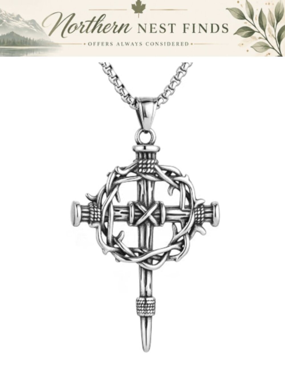 Stainless Steel Crown of Thorns Nail Cross Pendant Necklace Men